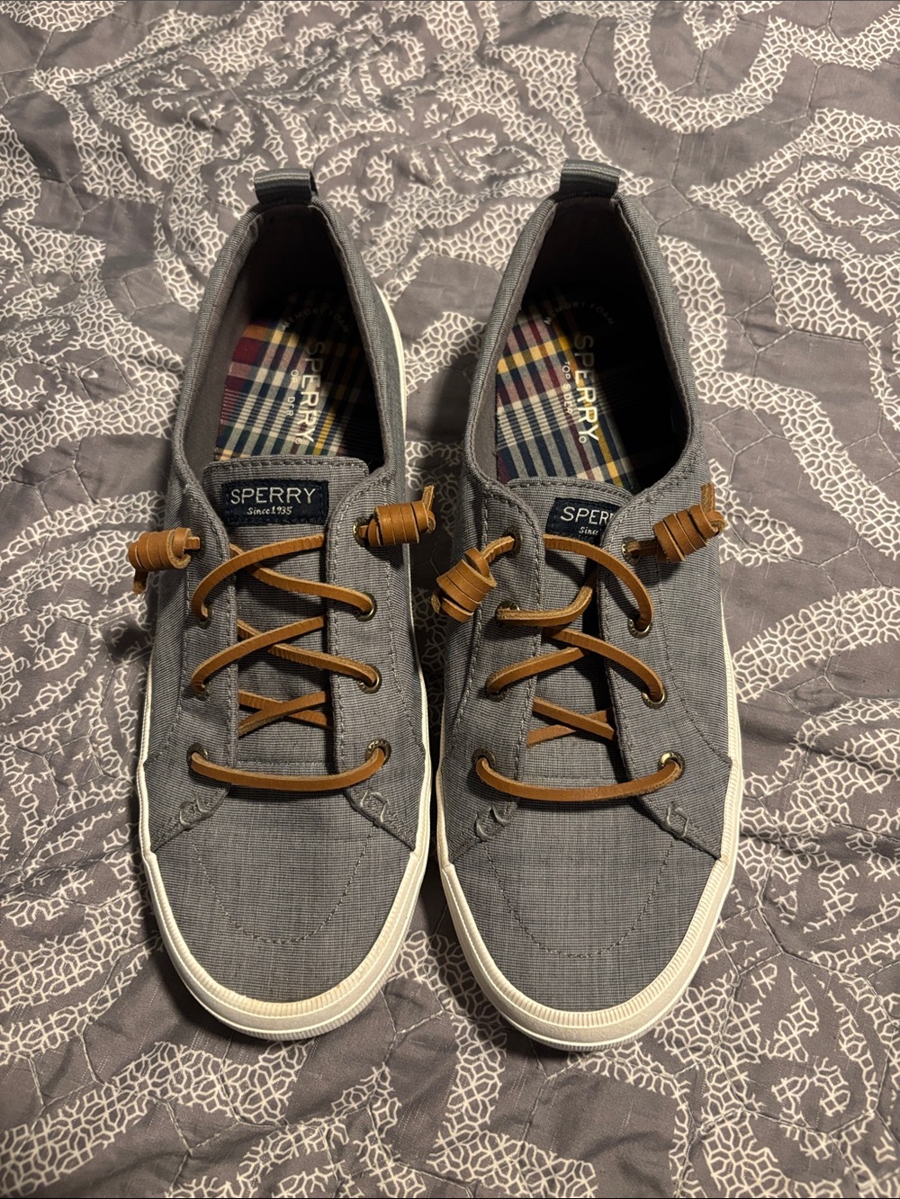 Sperry Gray Canvas Boat Shoes with Tan Leather Laces